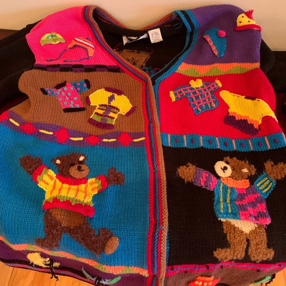 Storybook Knits Multicolored Cardigan with Bear Motif